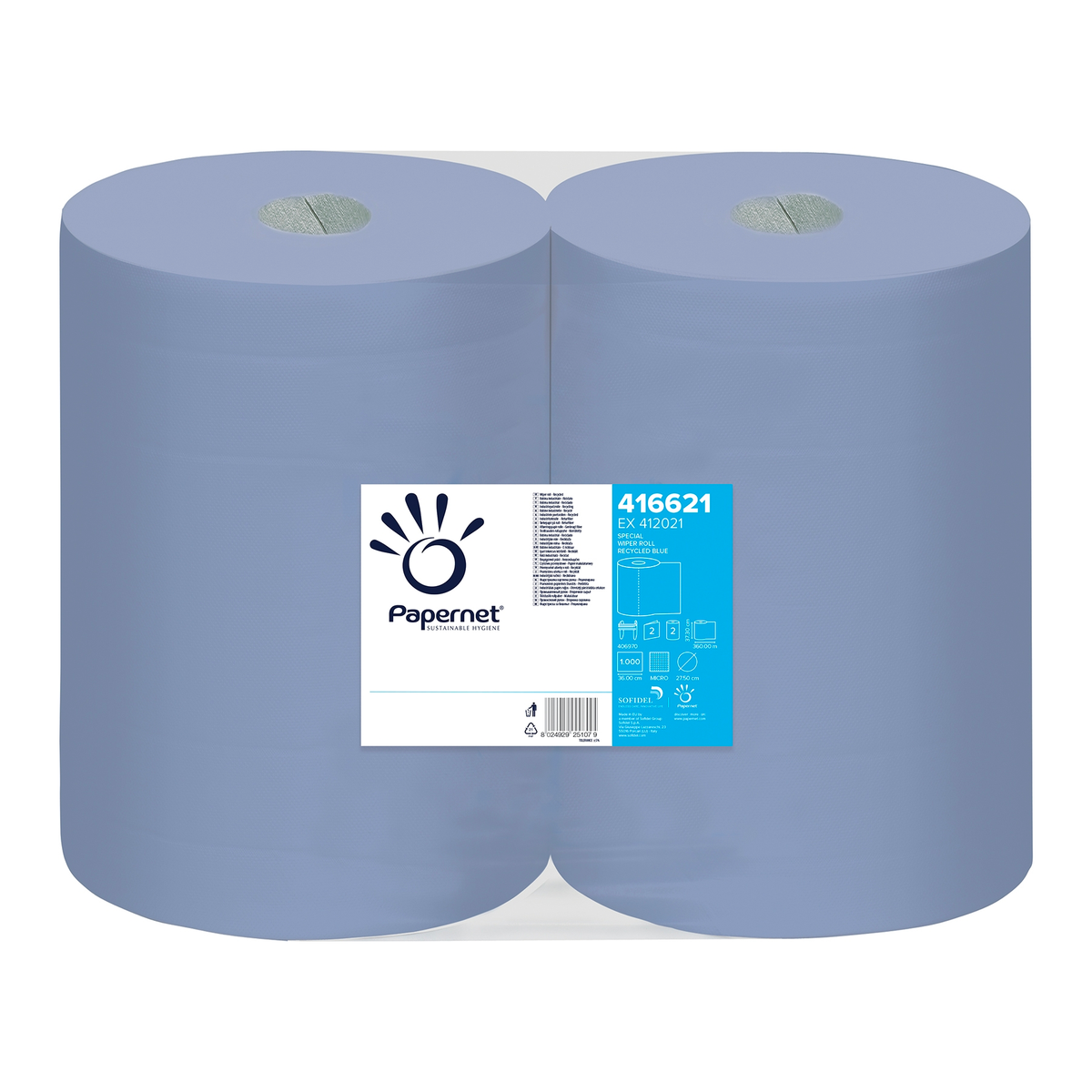 Rolă industrială de hârtie albastră, 2 straturi, 1000 foi, 360 m, bax 2 role Papernet