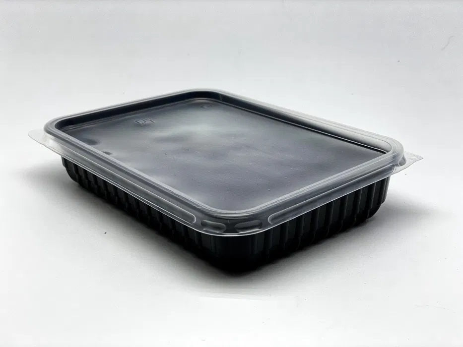 Caserole meniu, termorezistente, din PP,  Negre,  cu 1 compartiment si capac transparent, din plastic PET, dimensiuni 22x18x6 cm, (50buc/set)