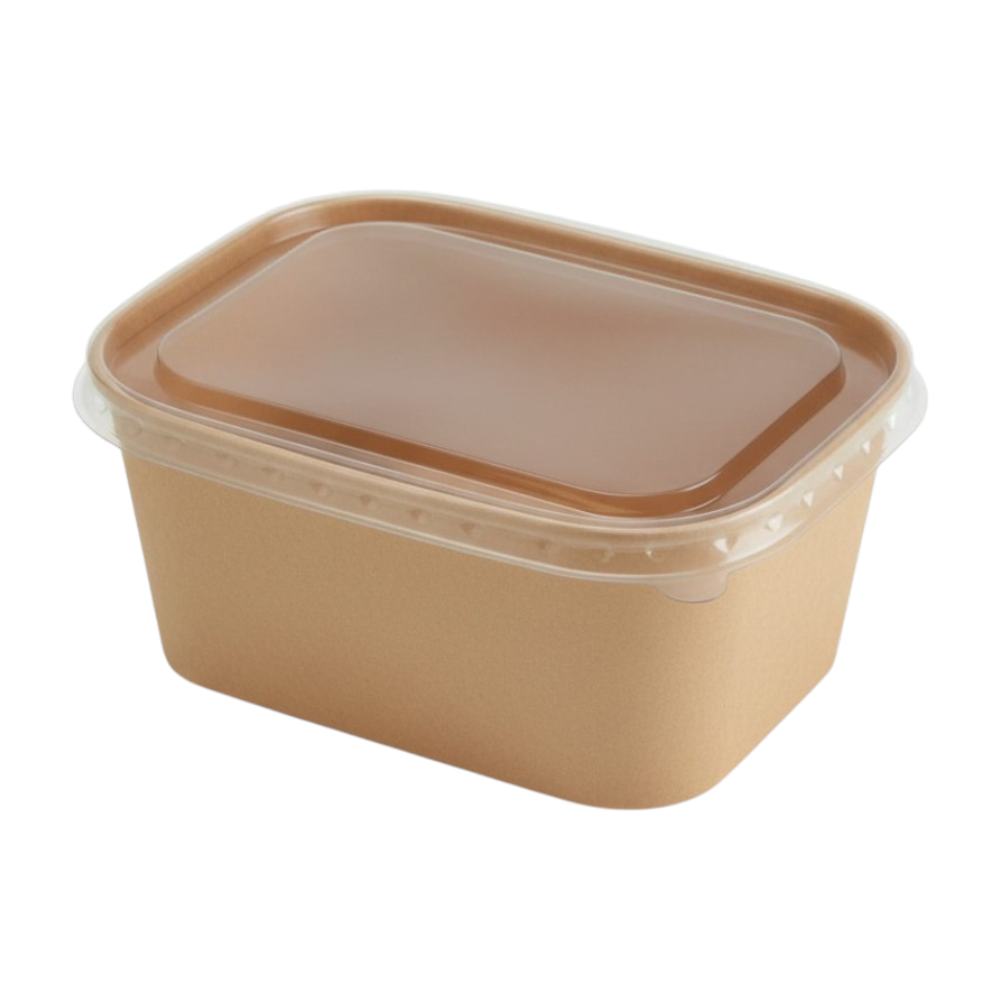 Caserolă dreptunghiulară din carton natur, cu capac, interior laminat, 32 Oz, 1000 ml, (50 buc / set)