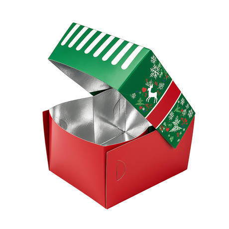 Cutie prăjituri cu capac atașat, design Crăciun, interior aluminium, 130x100x80mm