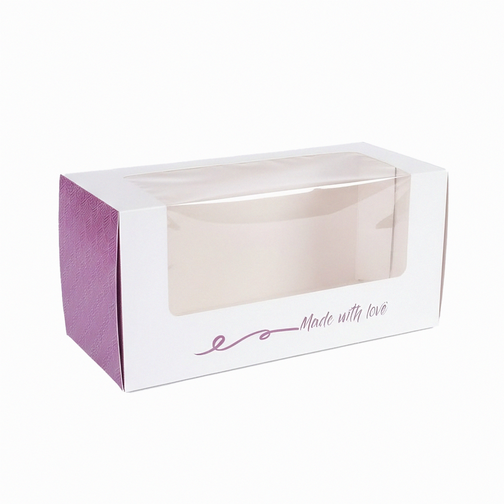 Cutie din carton pentru cozonac, cu fereastră, mov - alb, 32 x 15 x 15 cm