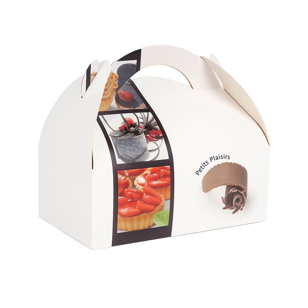 Cutie pentru prăjituri din carton, cu mâner, 17 x 10 x 4 cm, alb, cu poze culinare