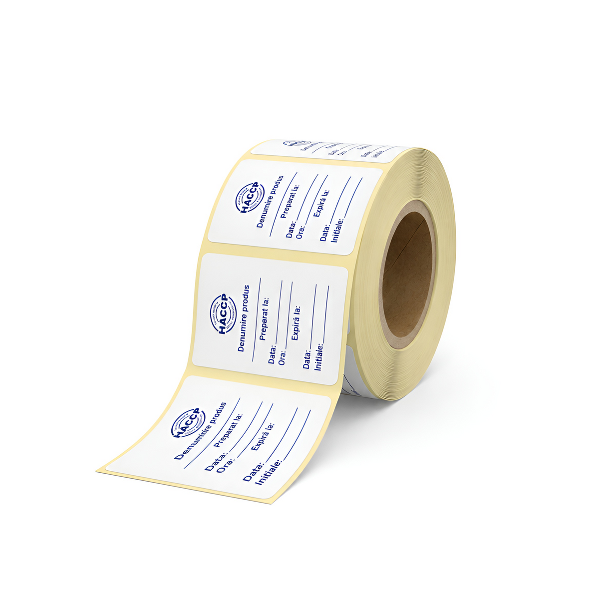 Rolă cu etichete haccp pentru alimente, pe fundal alb