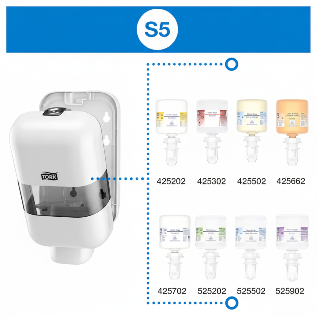 Dozator de săpun și dezinfectant, Tork S5 Mini, alb, 565208