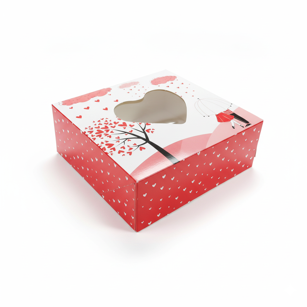 Cutie pentru prăjituri cu capac, carton, fereastră în formă de inimă, 20 x 20 x 8 cm