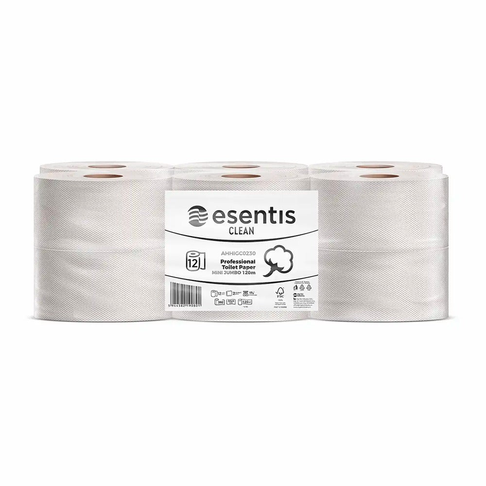 Hârtie igienică, mini jumbo, Esentis, 2 straturi, 120m, 392 foi, 12 role/set