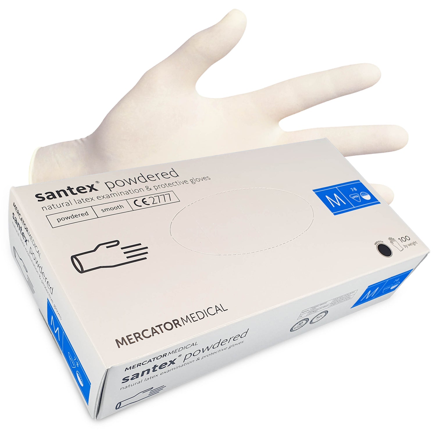 Manusi latex albe, pudrate, SANTEX powdered marimea M, medicale, pentru examinare, de unica folosinta, (100buc/set)