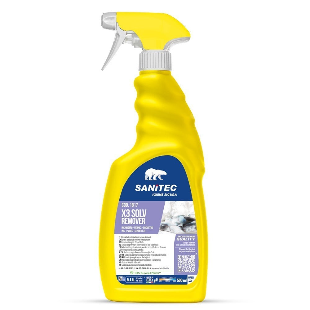 Soluție pretratare pete de vopsea, cerneală, ulei, ceară, cosmetice, Sanitec X3 Solv Remover, 500ml
