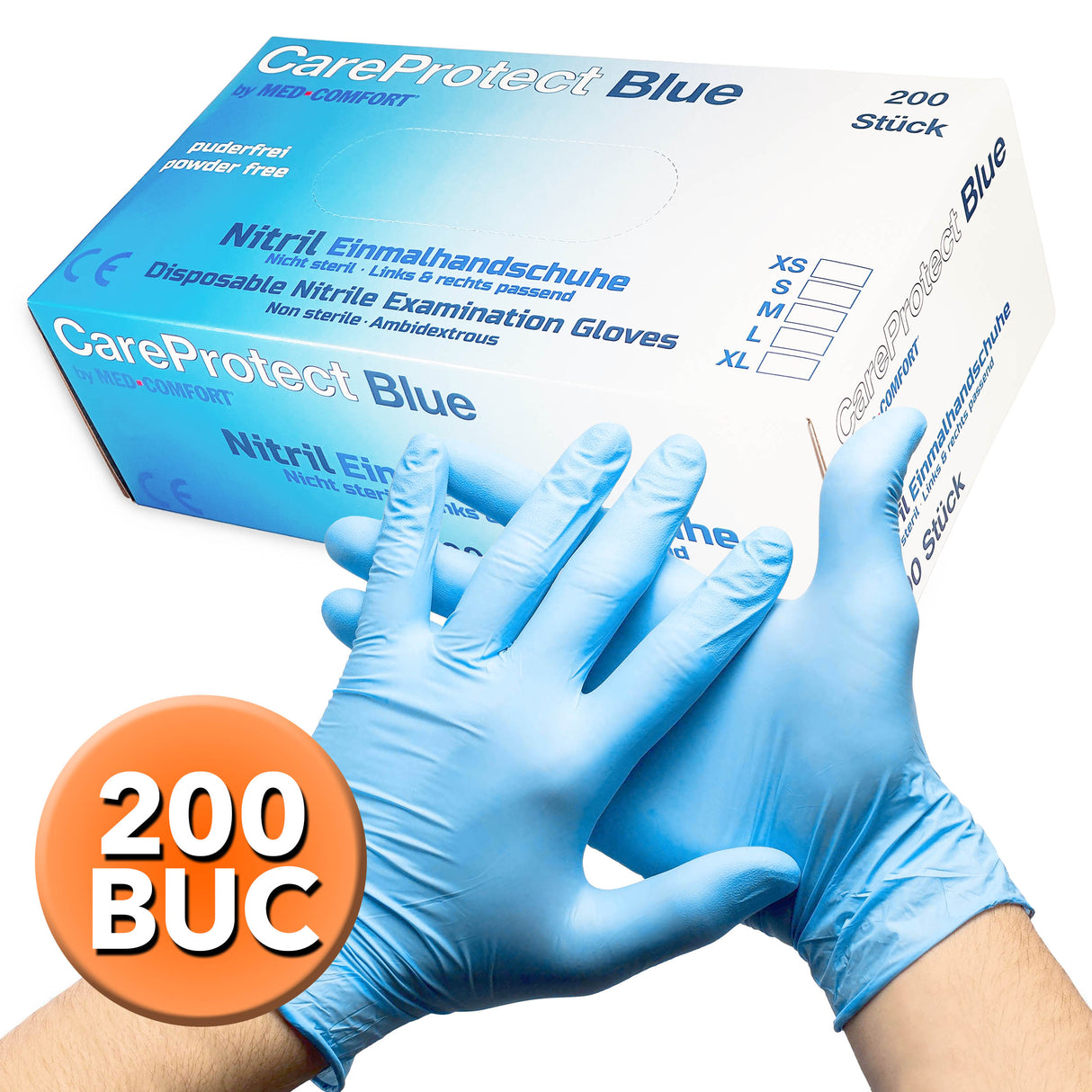 Manusi nitril medicale pentru examinare, albastre, nepudrate, CareProtect BLUE marimea XS de unica folosinta de la Med Comfort, (200buc/set)