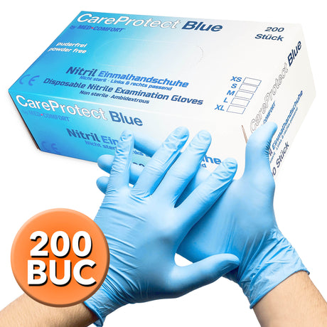 Manusi nitril medicale pentru examinare, albastre, nepudrate, CareProtect BLUE marimea XS de unica folosinta de la Med Comfort, (200buc/set)