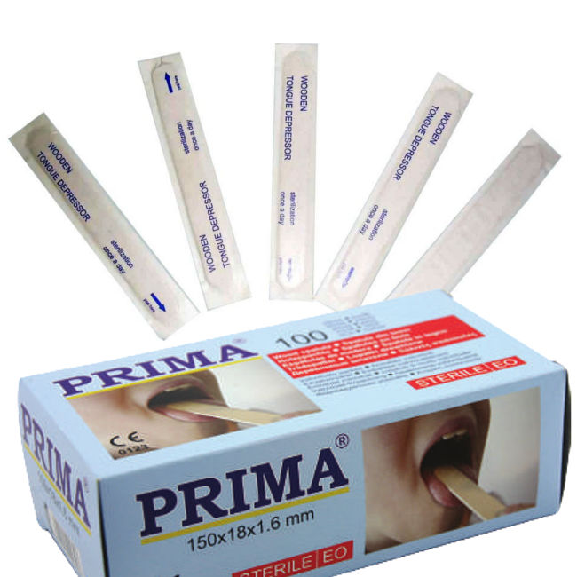 Spatule din lemn ambalate individual, sterile PRIMA  apasatoare de limba pentru examinare medicala sau betisoare pentru saloane de tatuaj, (100buc/set)