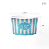 Cupă de înghețată din carton cu elemente grafice descriptive pentru dimensiuni și certificări