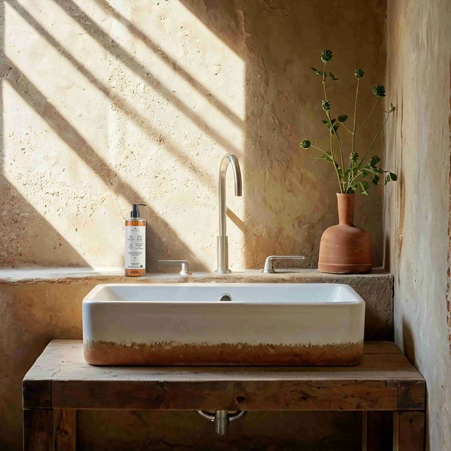 Flacon cu gel de duș și șampon Prija pe bordură în baie de hotel