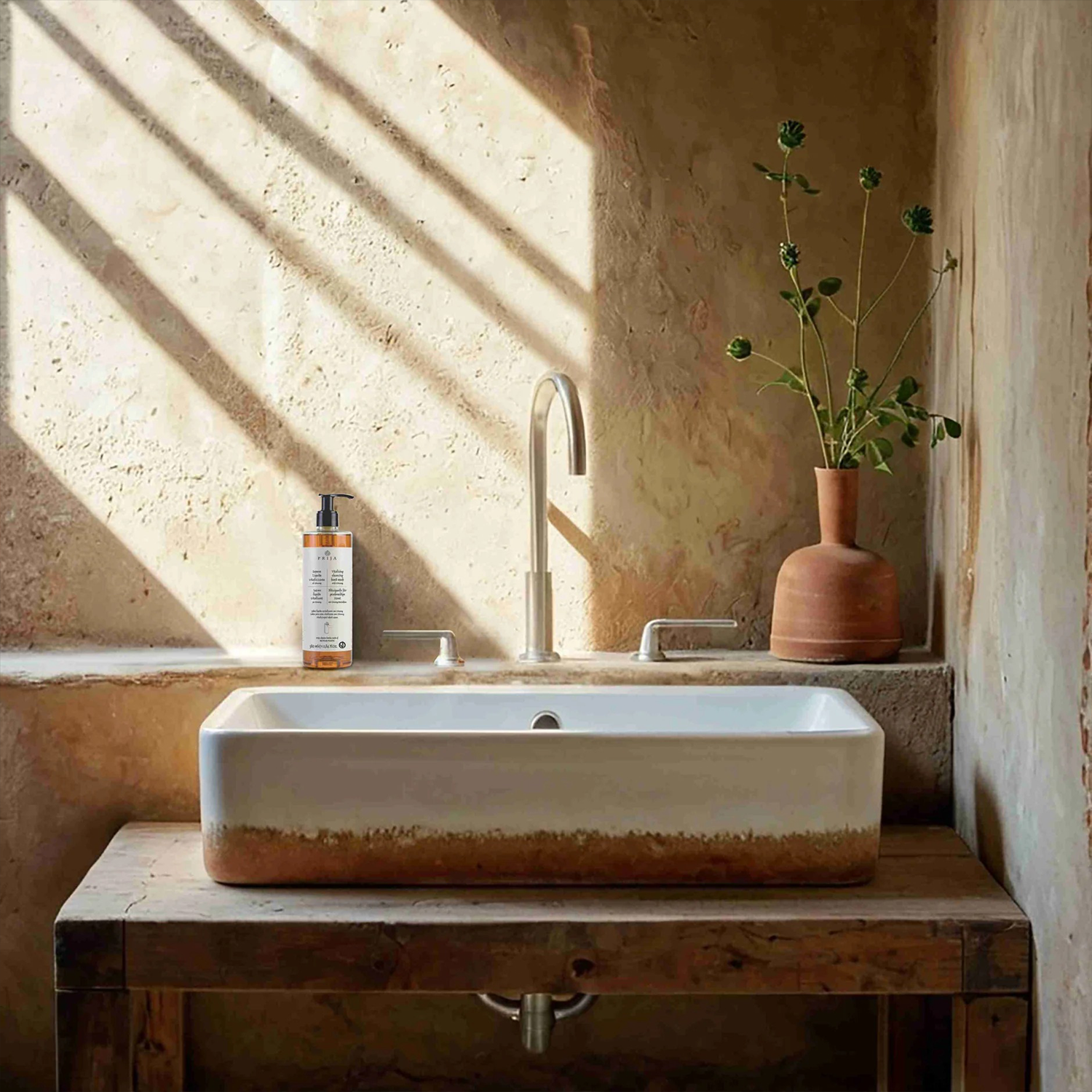 Sapun lichid din gama de cosmetice hoteliere prija, pe o bordură, într-o baie de hotel