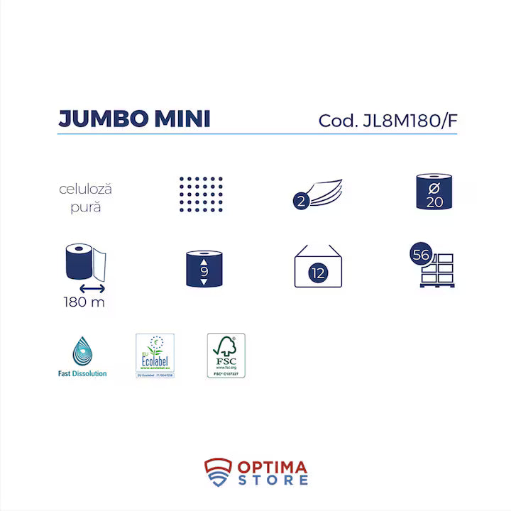 Hartie igienica cu dizolvare rapida, Paperdi, Mini Jumbo, 2 straturi, 180m, 12 buc/set